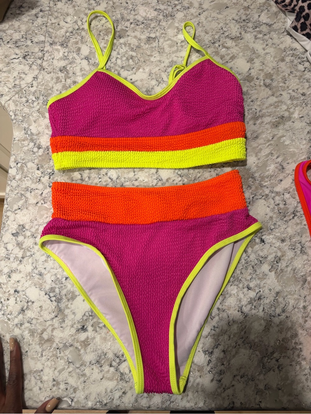 Neon Colorblock High-Waist Bikini Set - Pink, Orange & Neon Yellow